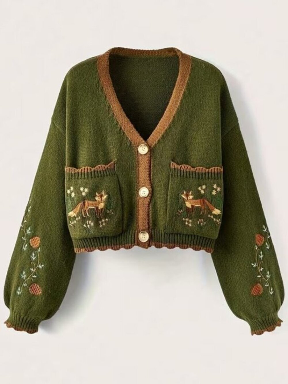 Button Up Fox Nature Army Green Cardigan With Pockets TEMPORARILY UNAVAILABLE DO